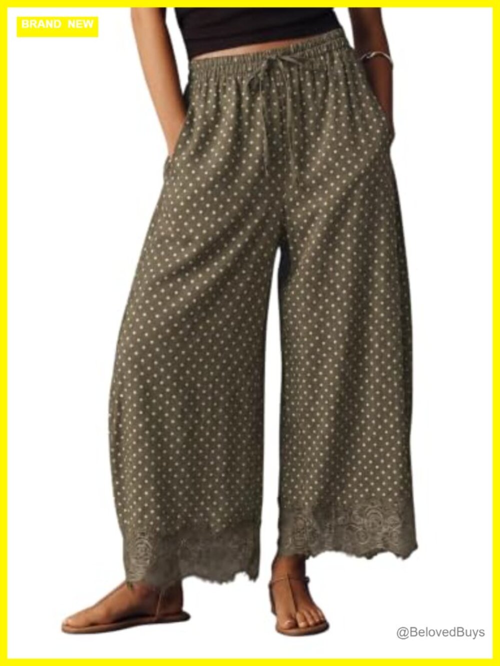 Womens Cropped Lace Hem Wide Leg Pants Polka Dot Drawstring Beach Lounge